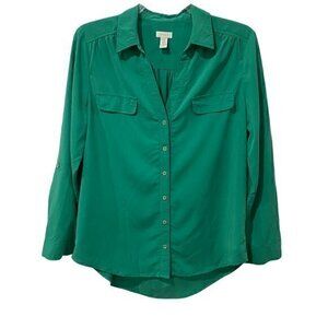 Chico's Women Shirt Button Down Green Foe Pockets Collar Tab Sleeve Size 2/Large